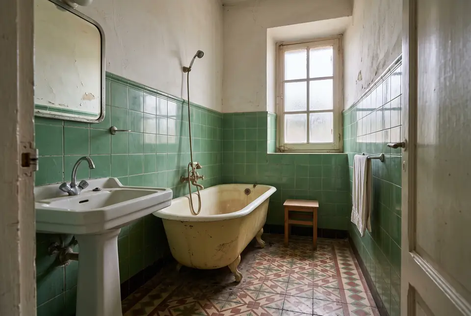 Baño antiguo en Asturias antes de la reforma, con bañera de obra y alicatado en dos tonos desgastado