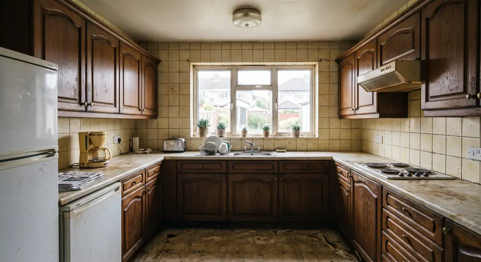 Cocina antigua en Asturias antes de la reforma, con el azulejo y las instalaciones originales de los años ochenta
