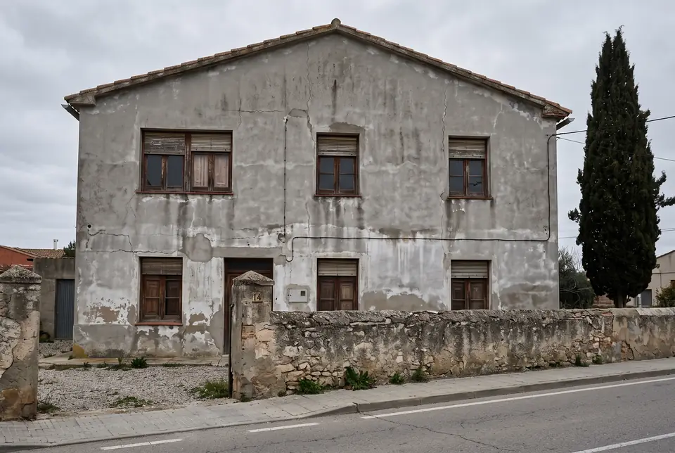 Fachada de un edificio en Asturias antes de la rehabilitación, con revestimiento agrietado y manchas de humedad