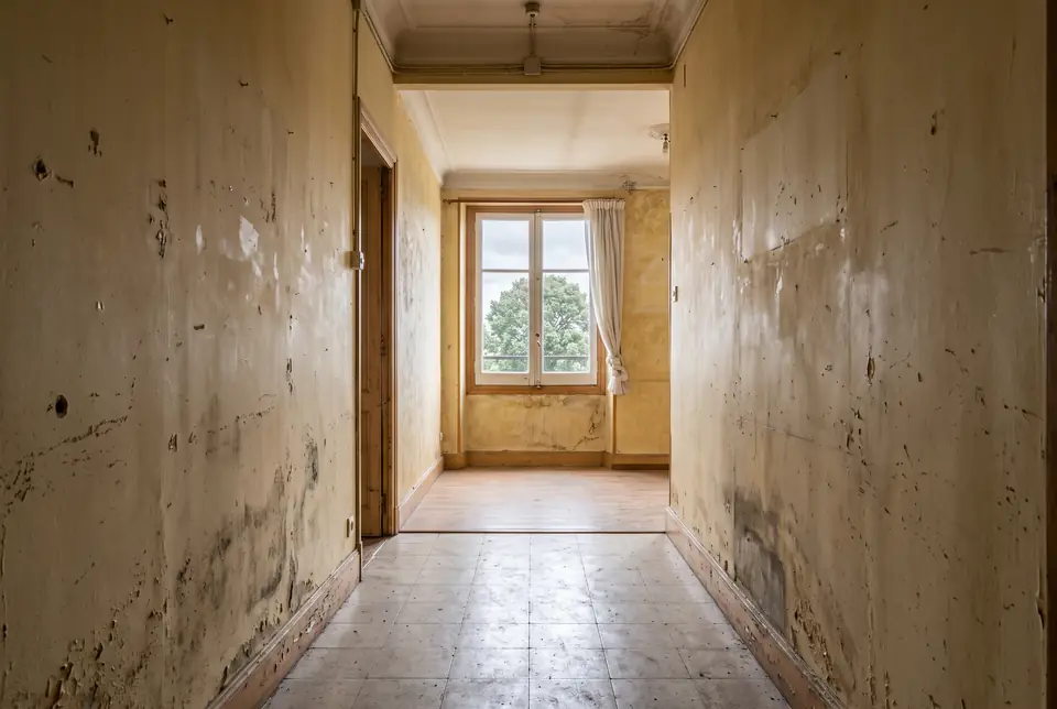 Pared de una vivienda en Asturias antes de pintar, con gotelé amarilleado y desconchones alrededor del marco