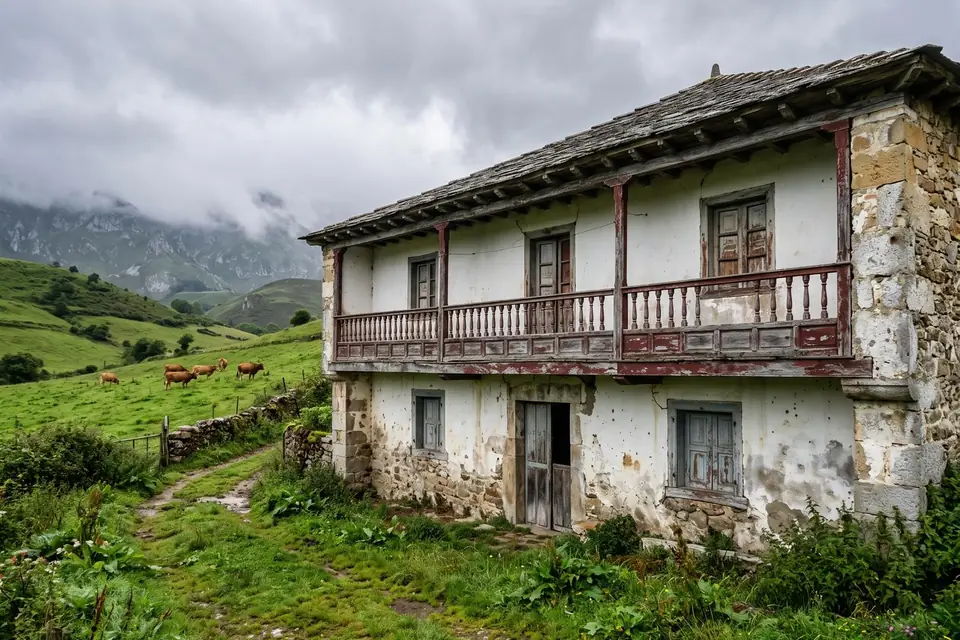 Casa de piedra en una aldea de Asturias antes de la rehabilitación, con la cal desconchada y la madera del corredor gastada