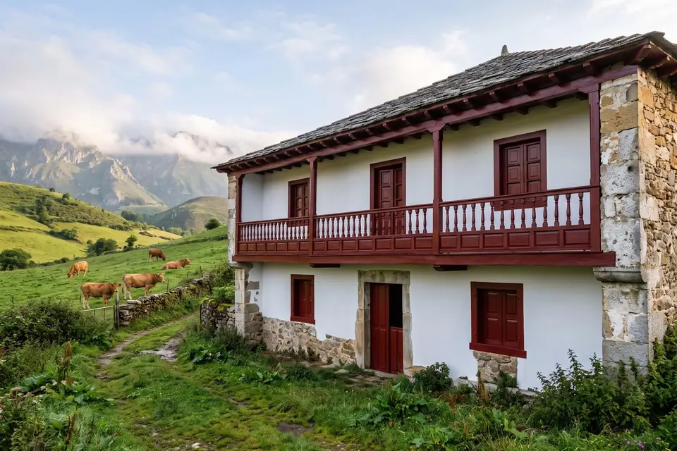 La misma casa de piedra rehabilitada, con la fachada saneada y encalada y el corredor de madera tratado y lacado en rojo