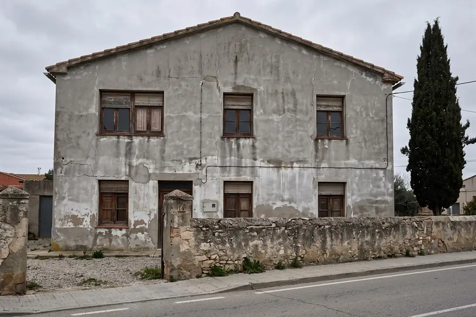 Fachada de vivienda unifamiliar con el revestimiento deteriorado antes de pintar