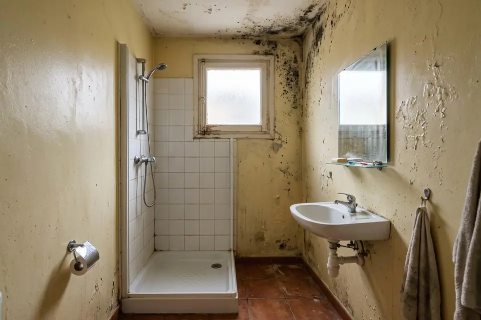 Baño antes de pintar, con moho negro en el techo y las paredes descascarilladas