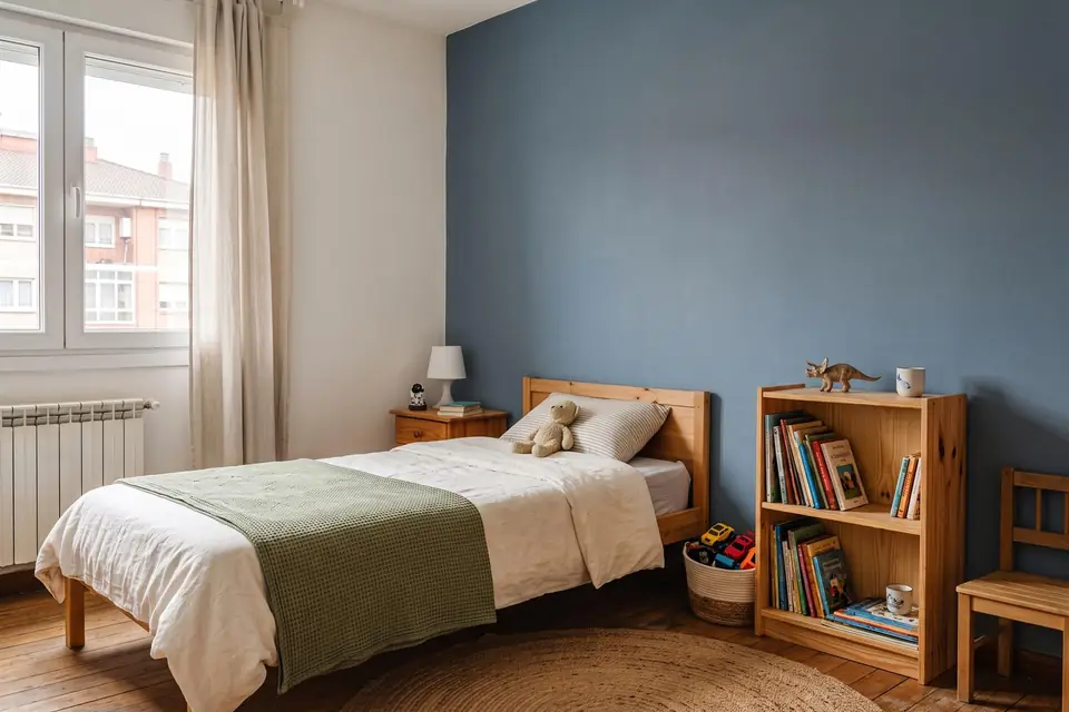 La misma habitación pintada con una pared de acento en azul