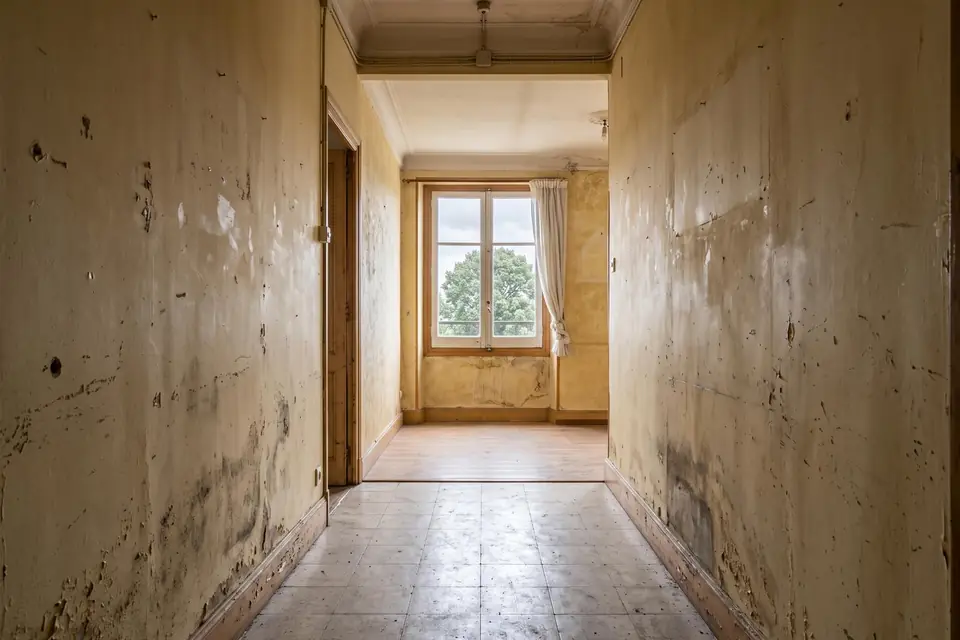 Pasillo de una vivienda con humedades y la pintura levantada
