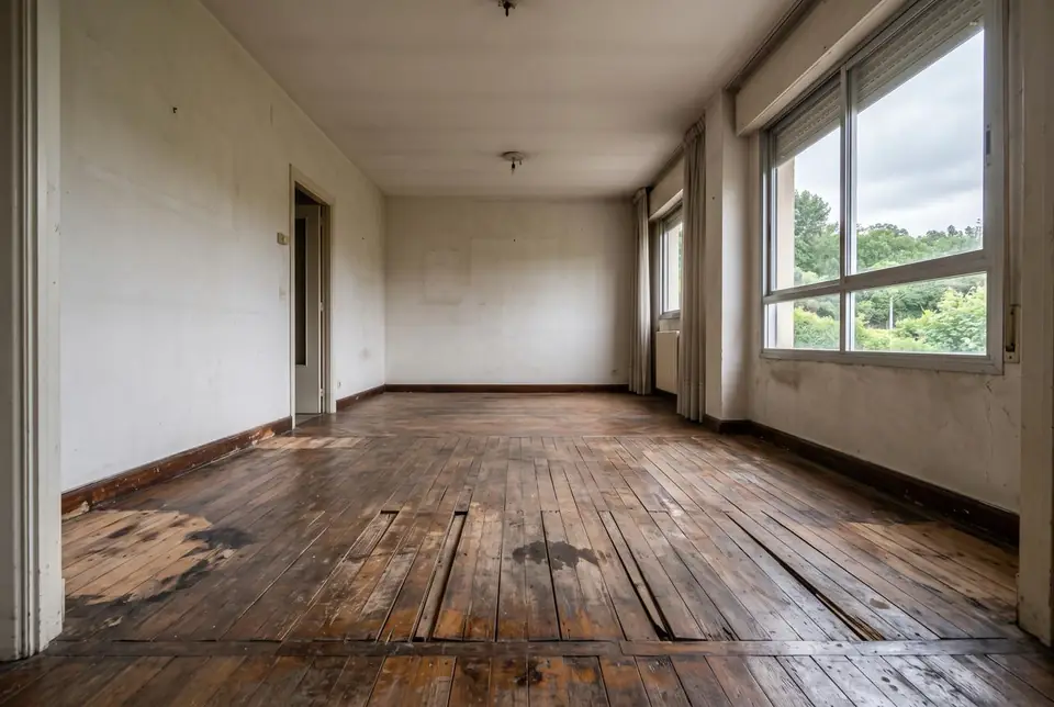 Suelo de parquet antiguo en una vivienda de Asturias, con lamas levantadas, manchas y juntas abiertas
